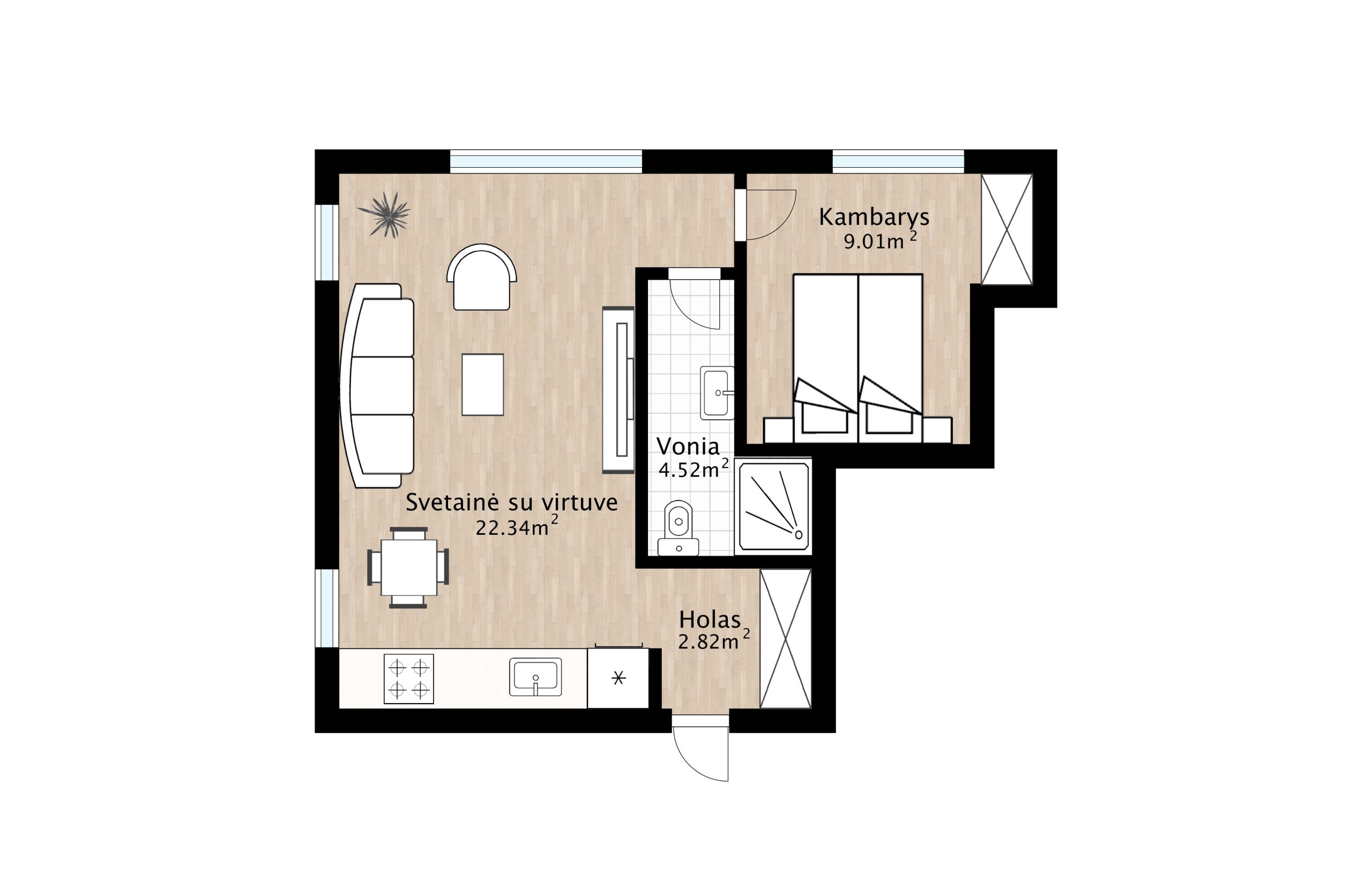 Parduodamas itin šviesus ir ekonomiškas dviejų kambarių butas netoli centrinės miesto dalies