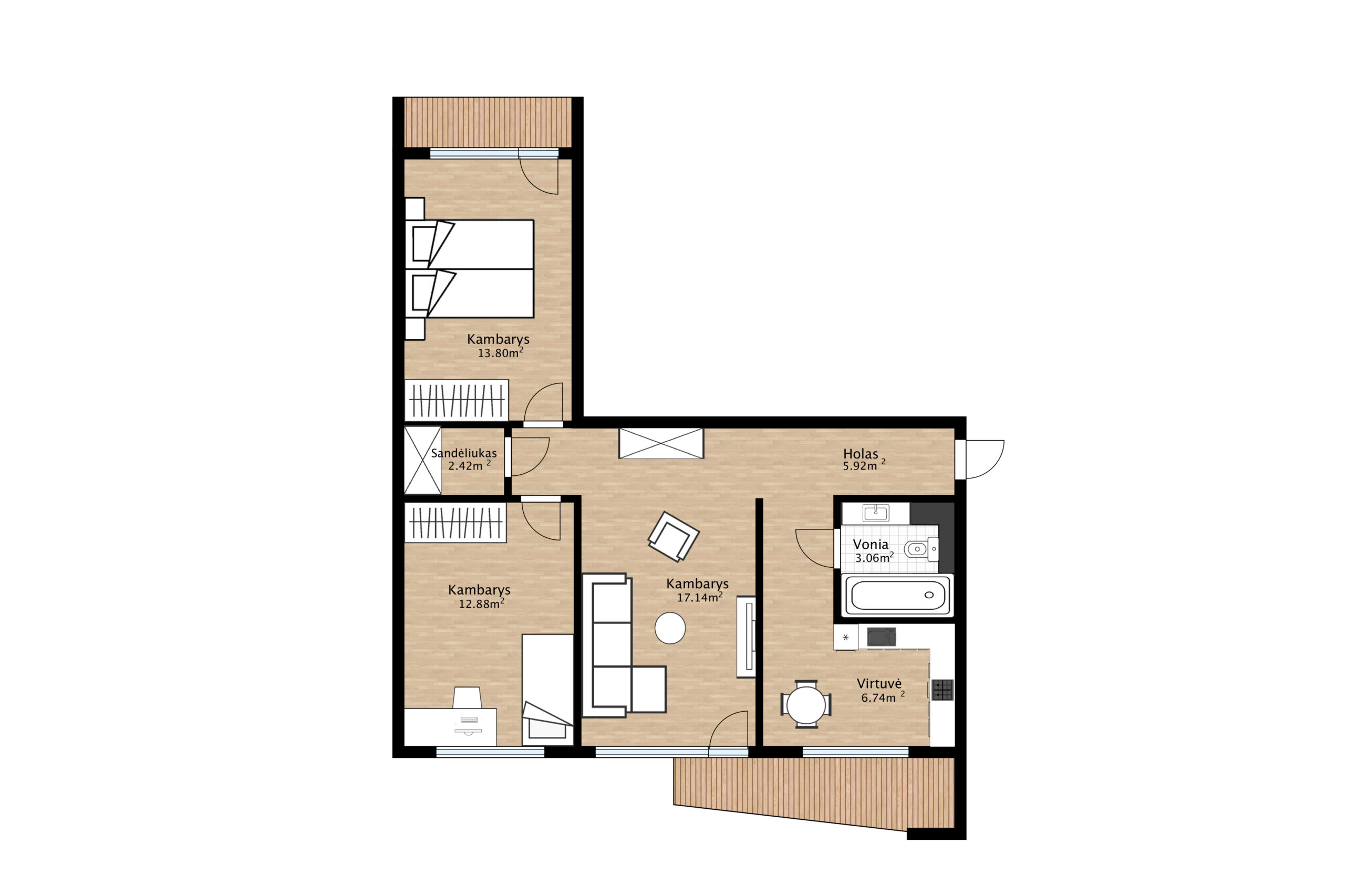 Trijų kambarių butas, besiribojantis su Dainavos parku!